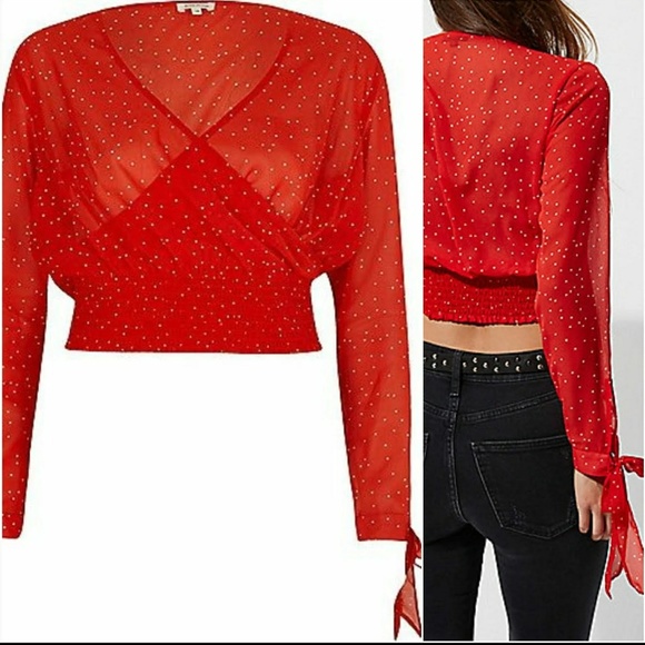 River Island Tops Nwt Sheer Red White Polka Dot Crop Top Poshmark